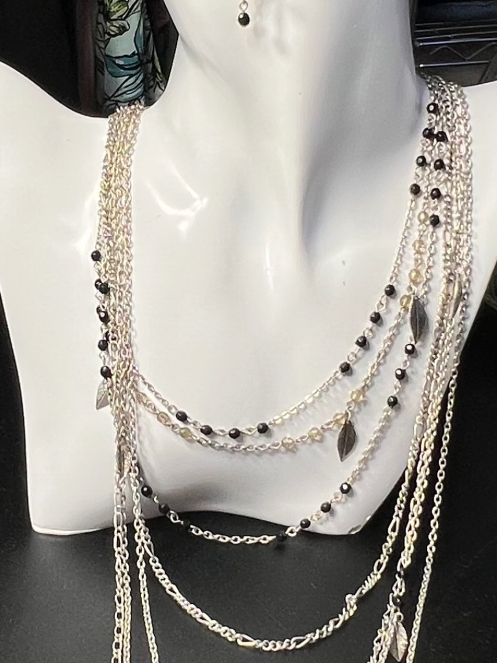 Silver Tone Multi Layer Waterfall Black Bead Silver Tone Feathers Necklace Set